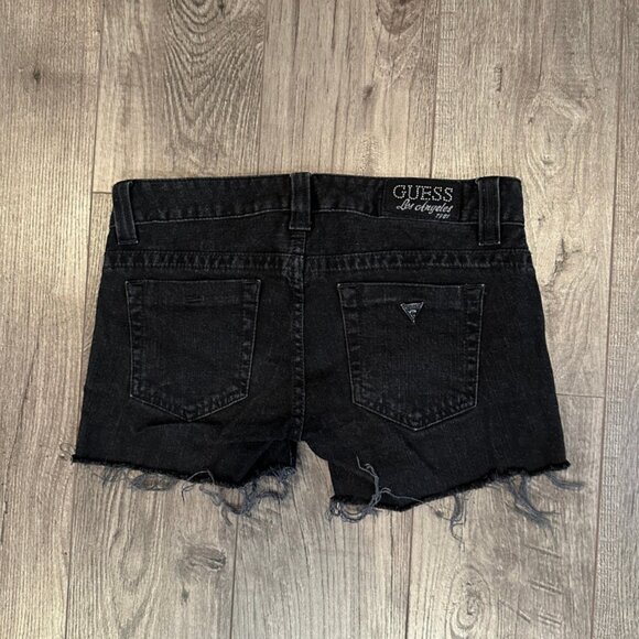 Vintage Y2K Guess Women's Distressed Cut-Off Black Jean Shorts - Size 27 - Picture 1 of 6